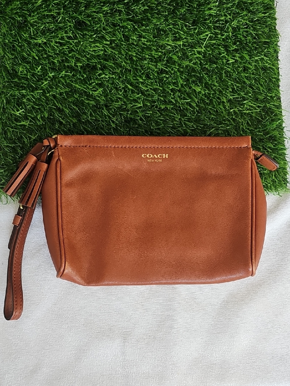 Coach Brown Leather Wristlet Clutch with Gold Logo